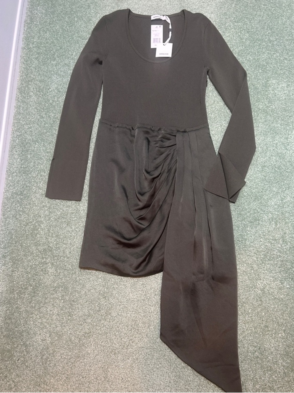 NWT SIMKHAI Springer Moss Green Long-Sleeve Mixed Media Mini Dress - Picture 3 of 14